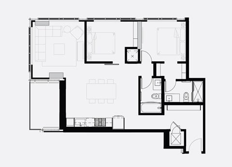 Floor plan for 2 beds, 2 baths, 975 sqft